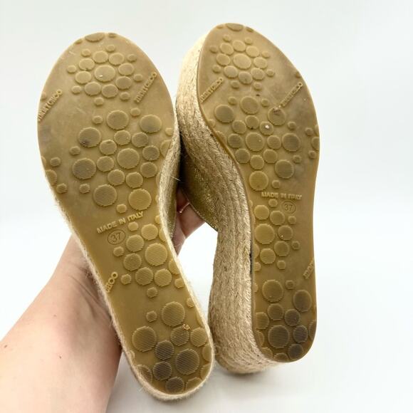 Jimmy Choo Paisley Crisscross Espadrille Wedge Sandals in Gold Shimmer Size 37 - Picture 10 of 11